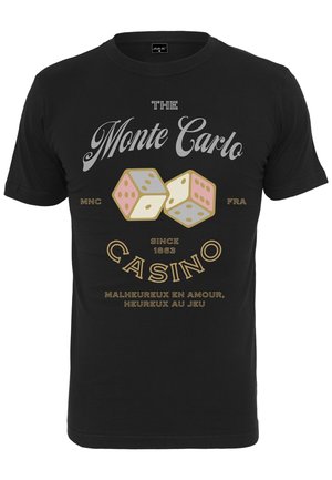 Czarny t-shirt z napisem „The Monte Carlo Casino”, grafiką dwóch kości oraz francuskim zdaniem o miłości i szczęściu od 1863 roku.