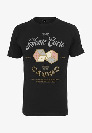 Czarny t-shirt z napisem „The Monte Carlo Casino”, grafiką dwóch kości oraz francuskim zdaniem o miłości i szczęściu od 1863 roku.