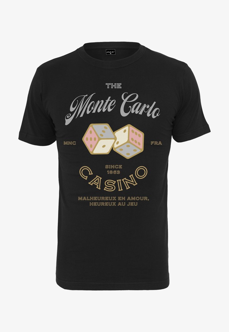 T-shirt noir avec le texte « Le Casino de Monte-Carlo », un graphisme de deux dés, et une phrase française sur l'amour et la chance depuis 1863.