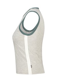 Gray sleeveless top with a rounded neckline, featuring a teal trim and a white vertical stripe along the side. Soft fabric texture.