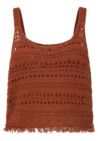 Häkel-Top in verbranntem Orange mit einem strukturierten Offene-Arbeit-Muster, dicken Trägern und Fransendetails am Saum.
