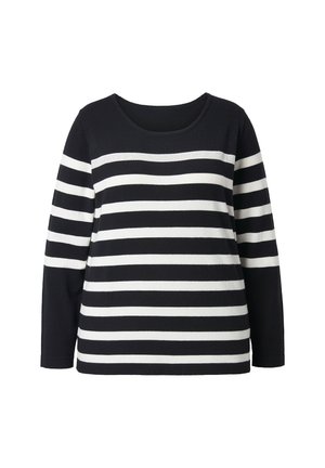 Camisa de manga larga a rayas blancas y negras con cuello redondo, hecha de un suave tejido de punto; presenta rayas horizontales uniformes.