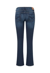 Donkerblauwe jeans van denim, met een rechtvallend ontwerp, achterzakken met subtiele stiksels en een leren merkpatch op de tailleband.
