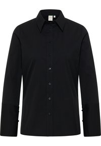 Black long-sleeve shirt made of smooth fabric, featuring a classic collar, front button closure, and adjustable cuff details.