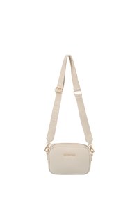 Piccola tracolla Valentino color beige con tracolla regolabile in tessuto e dettagli in metallo dorato.