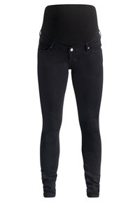 Svarta gravidjeans med en stretchig, hög midja, smal passform och en slät yta. Har en knappstängning fram och fem fickor.