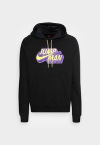Sudadera negra con bolsillo canguro, que presenta un gran gráfico en púrpura y amarillo de "JUMP MAN", capucha forrada de malla y cordones en contraste.