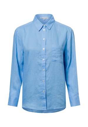 Light blue long-sleeve shirt made of linen, featuring a button-up front, pointed collar, chest pocket, and rounded hem.