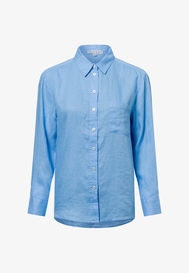 Light blue long-sleeve shirt made of linen, featuring a button-up front, pointed collar, chest pocket, and rounded hem.