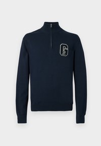 Navy blue long-sleeve pullover sweater with a half-zip collar and white "G" patch on the left chest.