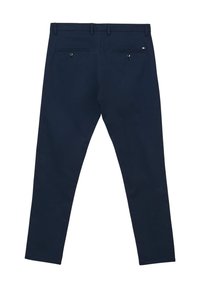 Navyblaue Hose mit schmaler Passform, featuring zwei Gesäßtaschen mit Knöpfen und einer glatten Textur. Keine sichtbaren Muster oder Akzente.