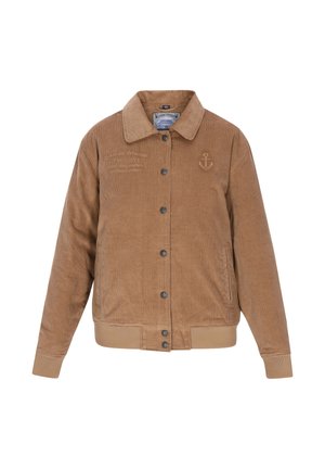 Hnedá kordurová bunda s gombíkovým zapínaním, zúženými manžetami a spodným okrajom, vyšívaným kotvou na hrudi a bočnými vreckami.