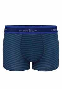 Męskie bokserki w ciemnozielone i granatowe paski. Elastyczny pas z logo "slopes & town". Miękka, rozciągliwa tkanina. Design o średnim stanie.