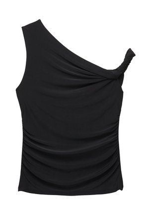 Top noir à une épaule en tissu doux et extensible, avec ruché sur le côté et détail torsadé au niveau du col. Texture lisse et coupe ajustée.