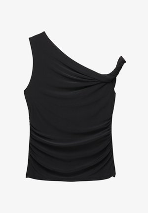 Czarny, top na jedno ramię wykonany z miękkiej, elastycznej tkaniny z marszczeniem po boku i skręconym detalem przy dekolcie. Gładka tekstura i dopasowany krój.