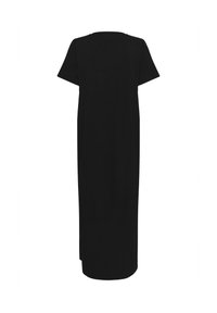 Black, short-sleeved long dress, straight cut, made of soft fabric, with a simple design and no visible patterns or embellishments.