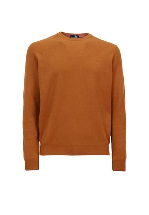 Maglione a collo rotondo, a maniche lunghe, in caldo tessuto arancione, con un discreto dettaglio del logo sul petto e polsini e orlo a costine.