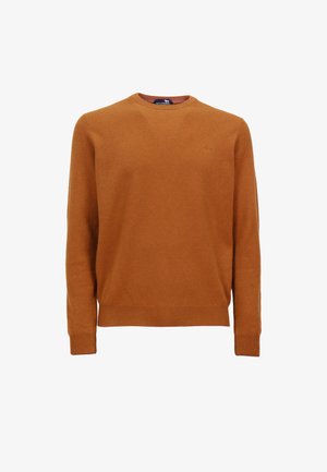 Maglione a collo rotondo, a maniche lunghe, in caldo tessuto arancione, con un discreto dettaglio del logo sul petto e polsini e orlo a costine.