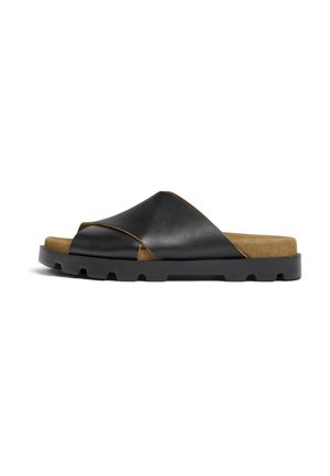 Black leather slide sandal with a crossband design, tan suede footbed, and a textured black rubber sole. Smooth finish and minimalist shape.