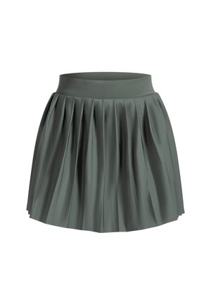 Falda plisada en verde oscuro, hecha de una tela suave. Presenta una cinturilla ajustada y una silueta acampanada con pliegues espaciados uniformemente.