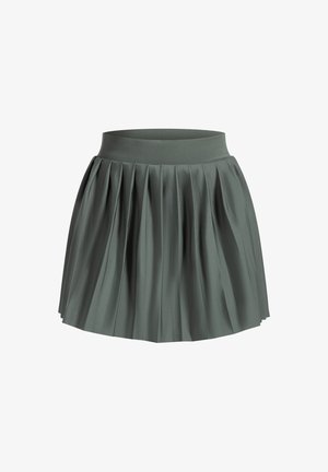 Falda plisada en verde oscuro, hecha de una tela suave. Presenta una cinturilla ajustada y una silueta acampanada con pliegues espaciados uniformemente.