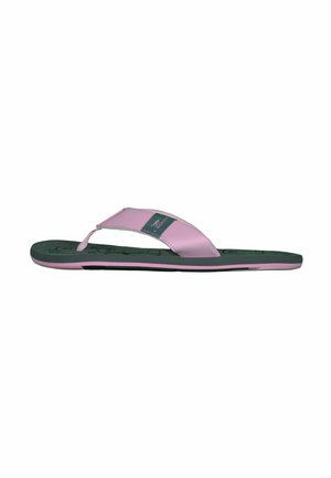Pink and gray flip-flop sandal with a cushioned sole and a fabric strap featuring a small logo patch.