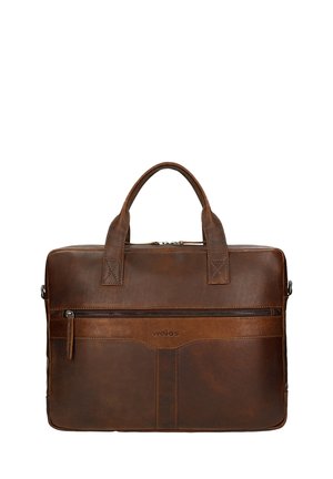 Ciemnobrązowa skórzana teczka z podwójnymi uchwytami, przednią kieszenią na suwak oraz subtelnym logo marki umieszczonym poniżej zamka.