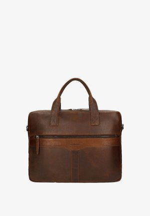 Ciemnobrązowa skórzana teczka z podwójnymi uchwytami, przednią kieszenią na suwak oraz subtelnym logo marki umieszczonym poniżej zamka.