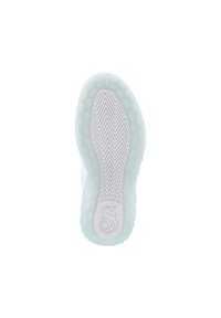Shoe sole features a translucent mint green rubber material, textured with diamond and zigzag patterns, and a white midsole.