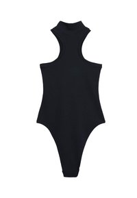 Body nero senza maniche con colletto alto, design aderente e taglio a perizoma. Realizzato in materiale liscio ed elastico.