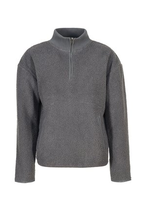 Sudadera de forro polar gris con cuello half-zip, mangas largas y bolsillos laterales. Tejido texturizado con una apariencia suave y acogedora.