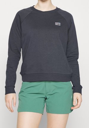 Person trägt einen dunkelgrauen Sweatshirt mit langen Ärmeln und kleinem Logo auf der Brust sowie grüne Shorts, steht vor einem schlichten hellen Hintergrund.