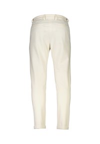 Pantaloni bianchi con vestibilità slim, caratterizzati da una superficie liscia, tasche posteriori, passanti per cintura e orli arrotolati alla caviglia.