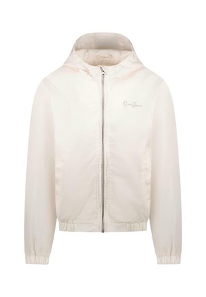 Lichte windjack in crèmewitte kleur met capuchon, ritssluiting aan de voorkant, elastische manchetten en een subtiel logodetail. Gladde, glanzende stof.