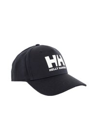 Gorra de béisbol azul marino hecha de tela con visera curvada. El frente presenta el logo en blanco "HH" y el texto "HELLY HANSEN" debajo. Diseño estructurado.