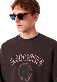 Sudadera marrón con "LACOSTE" y emblema en verde y naranja. Acompañada de gafas de sol de carey con lentes oscuros.