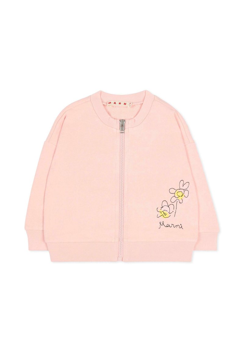 Felpa rosa con zip realizzata in tessuto morbido, con un motivo floreale ricamato sul lato sinistro e un colletto a coste.