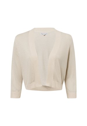 Hellbeige verkürzter Cardigan aus weichem Strickmaterial. Mit weitem offenen Vorderteil, Dreiviertelärmeln und glatter Textur.