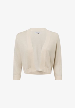 Hellbeige verkürzter Cardigan aus weichem Strickmaterial. Mit weitem offenen Vorderteil, Dreiviertelärmeln und glatter Textur.