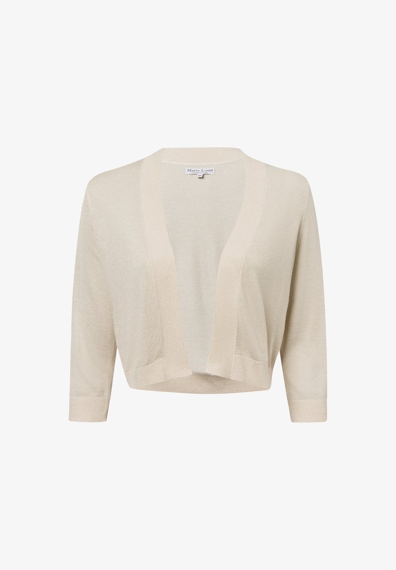 Hellbeige verkürzter Cardigan aus weichem Strickmaterial. Mit weitem offenen Vorderteil, Dreiviertelärmeln und glatter Textur.