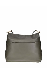 Borsa a mano in pelle verde oliva con texture liscia, forma ampia e tasca con zip sul retro. Include dettagli in metallo color oro.