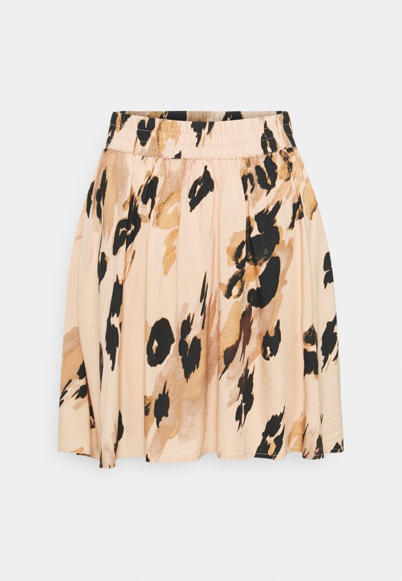 Jupe beige avec taille élastique, présentant des motifs abstraits de taches noires et brunes, un design plissé et un ourlet au niveau du genou.