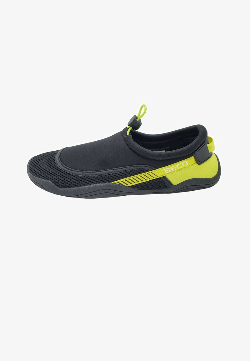 Schwarze und limettengrüne Wasserschuhe mit einem dehnbaren Neopren-Obermaterial, Netzpaneelen und einer strukturierten Gummisohle. Mit verstellbarem Fersenriemen und Zuglasche.