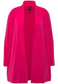 Rosa, leichte Kimono-Jacke mit langen Ärmeln, offenem Vorderteil und glatter Textur. Keine Verschlüsse; sorgt für Bewegungsfreiheit.