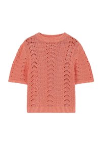 Gebreide sweater met korte mouwen in koraal, voorzien van een lichtgewicht, kantachtig patroon en een ronde halslijn met ribbelrand.