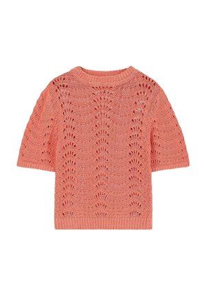 Gebreide sweater met korte mouwen in koraal, voorzien van een lichtgewicht, kantachtig patroon en een ronde halslijn met ribbelrand.