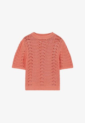 Gebreide sweater met korte mouwen in koraal, voorzien van een lichtgewicht, kantachtig patroon en een ronde halslijn met ribbelrand.