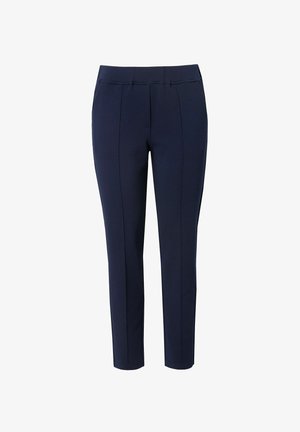 Mørkeblå skræddersyede bukser med en glat tekstur, der har to forlommer, en slim fit og lodret syning for ekstra detalje.