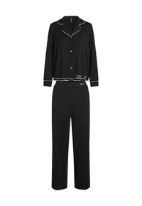Črn pajama set iz mehkega blaga, ki vključuje srajco s knofom in belim robom ter široke hlače, oba pa imata poudarke z logotipom.
