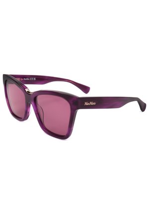 Occhiali da sole viola a forma di occhio di gatto con lenti viola unite e logo MaxMara sull'asta.